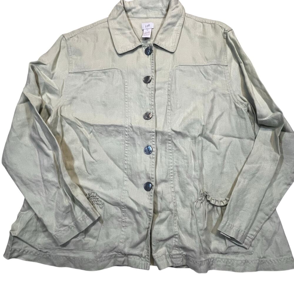 J Jill Womens M Linen Jacket Minimalist Casual Button Front Pockets Green Ruffle